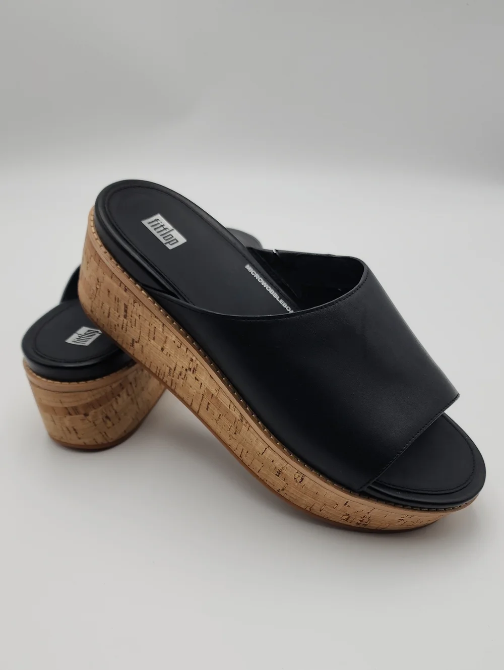 NWT FitFlop Eloise Cork-Wrap Black Leather Wedge Slides  Size 11